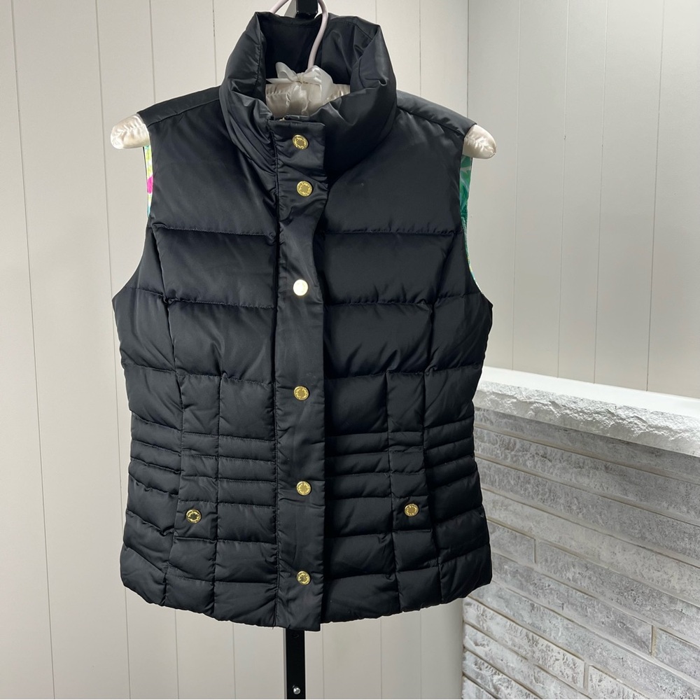 Lilly Pulitzer Black Down Filled Gold Zipper Snaps Sleeveless Puffer Vest XS